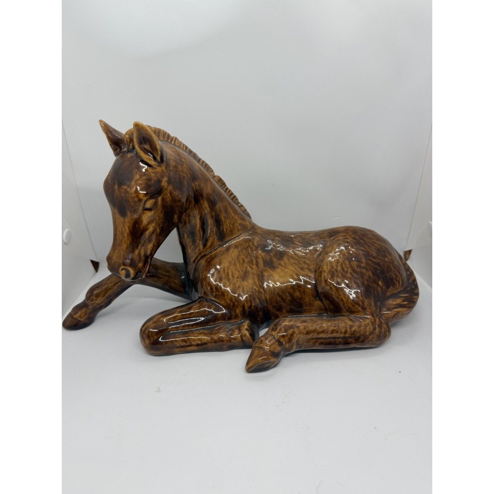 Vintage Rare Danish Ceramic Resting Horse Figurine Mid Century Brown Glaze